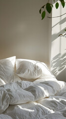 bed in a white bedroom, sunlight shadow, white pillow