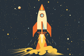 Stylized flat design illustration of a rocket launching into space
