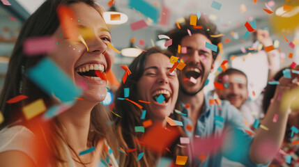 A group of people celebrating with smiles, laughter, and confetti in an office environment, embodying a spirit of success and celebration.