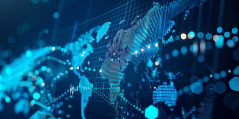 A background featuring digital charts and graphs, with a blue-colored world map and glowing lines representing global financial data against a dark backdrop.
