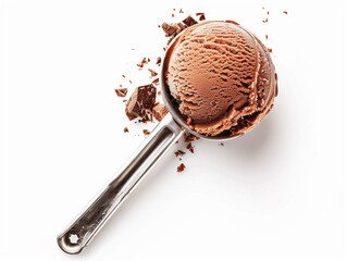 Top view of a scoop of delicious chocolate ice cream surrounded by chocolate chucks on a white background.
