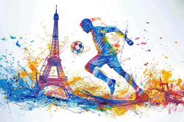 Colorful watercolor painting of soccer player in action by eiffel tower