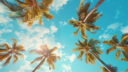 palm trees and blue sky with bright summer sun - 
view from below, wide angle lens, sunny day, blue sky, tropical vibe.