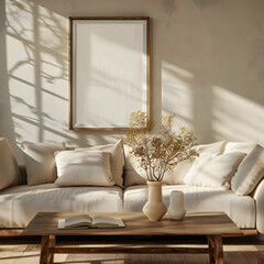 wooden frame mockup in the living room, nordic style, white cozy sofa