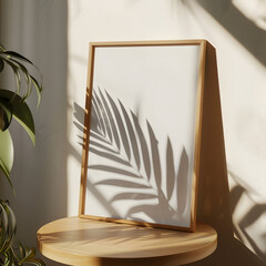 wooden frame mockup in the living room, beige wall background with coffee table, plant shadow, minimalist soft style