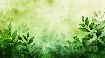 Vibrant green watercolor background with delicate leaves and soft splatter texture