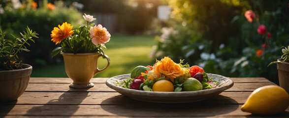 Enchanting Garden Gastronomy: Lush Blooms and Sunset Splendor Create an Enchanting Dining Experience in Nature's Beauty