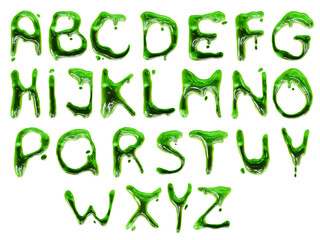 3D slime alphabet set, green drip Halloween goo render zombie text, liquid toxic spooky letters. Monster glossy texture, decorative radioactive scary gel ABC, jelly alien gum. Slime alphabet clipart