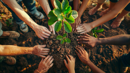 Diverse hands nurturing young plant in soil, symbolizing teamwork and environmental care