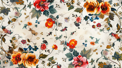 Elegant realistic retro floral wallpaper with vibrant flowers and leaves