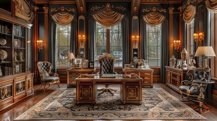 Obraz premium Grand manager's office adorned with gold accents, oak wood detailing, and tinted windows creating a lavish ambiance. 
