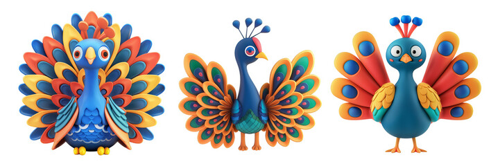 PNG peacock 3d icons and objects collection, in cartoon style minimal on transparent, white background, isolate