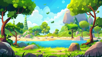 Modern parallax background with layers with cartoon jungle landscape with river, rocks, green trees, and grass in summer forest.