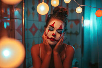 Sad young woman depressed and crying in front of bathroom mirror, holding her head in hands, wearing an harlequin make-up, copy space on tiles,