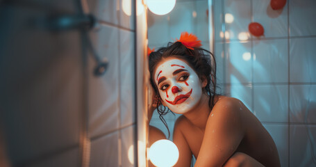 Sad young woman depressed and crying in front of bathroom mirror, wearing a clown make-up, copy space on tiles,