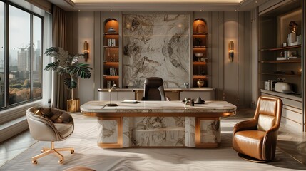 Grand office design with marble and gold desk, luxurious leather chair, and advanced holographic technology. 