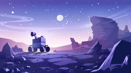Modern illustration of alien planet landscape with explorer robot, rocks and stars in the sky. Landing page for cosmos research.