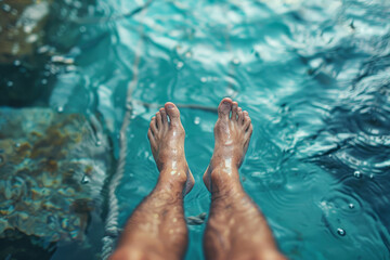 Close-up of bare feet dangling over rippling water, enjoying a relaxing summer day