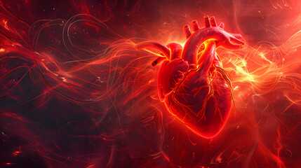  Abstract visualization of a heart beating with pulsating reds and flowing lines to represent life and vitality