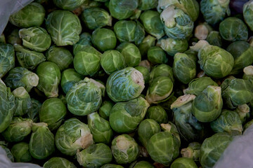 close-up shot of a bunch of organic brussels sprouts for sale in a greengrocery store in Argentina.