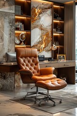 Luxe executive workspace showcasing a marble and gold theme, luxurious leather chair, and advanced holographic technology.