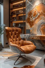 Luxe executive workspace showcasing a marble and gold theme, luxurious leather chair, and advanced holographic technology.