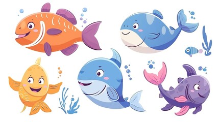 A colorful collection of cartoon sea animals including whales, sharks and cute fish characters.