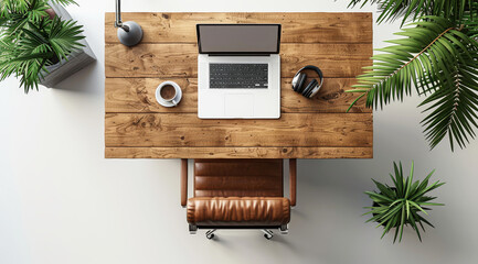 Modern office desk setup with laptop, headphones, and coffee cup from top view