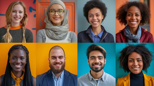 Collage of diverse and cheerful young professionals. Emphasizes multicultural work environments, inclusivity, and the young global workforce.