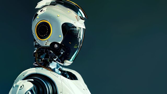 Futuristic robot with humanoid head and torso against blue background