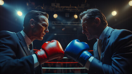 Two businessmen in suits face off in a symbolic boxing match.