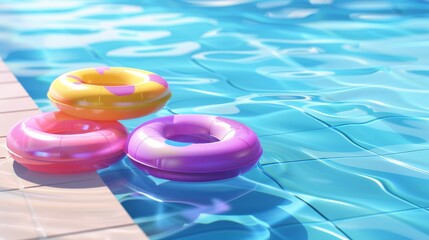 Swimming pool with colorful inflatable rings floating on clean water surface over tiled floor, hotel, summer vacation background design, banner template realistic 3D modern illustration