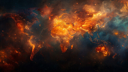Fototapeta premium worldmap in the fire,generative ai