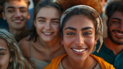 Fototapeta premium Joyful young woman with diverse friends. Represents youth culture and friendship. Great for social media, diversity campaigns, and youth engagement.