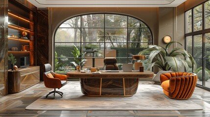 Luxe office design with a marble and gold desk, luxurious leather chair, and futuristic holographic screens. 