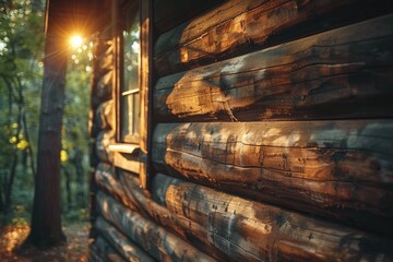 Rustic Cabin at Sunset in Tranquil Forest, hiking and outdoor adventure