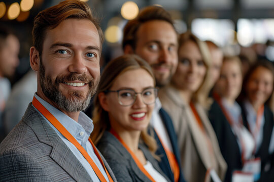 Confident professionals at a business conference. Captures the essence of networking and collaboration in corporate environments, ideal for B2B marketing