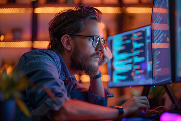 Man programming late at night, focused in a high-tech environment. Perfect for depicting dedication in the tech industry, software development, and innovation.