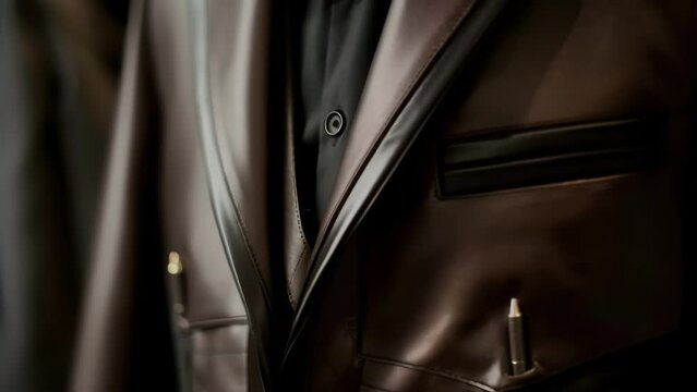 A dark brown suit with a leather trim and silver bullet accents giving off a rugged yet refined vibe. 2d flat cartoon.