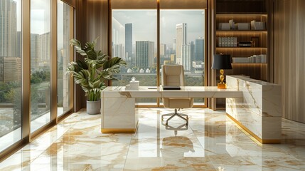 Opulent manager's office with marble and gold finishes, a plush white leather chair, and tinted windows.