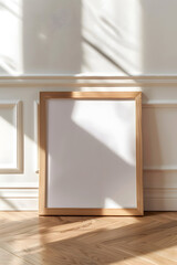 Fototapeta premium wooden frame mockup on the white background, plank shadow