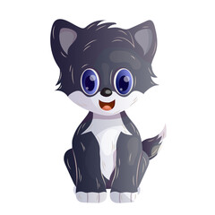 Cute cartoon gray kitten sitting upright. Isolated object on a white background.