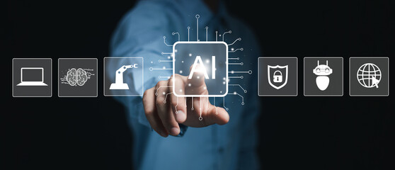 Technology and people concept man use AI to help work, AI Learning and Artificial Intelligence Concept. Business, modern technology, internet and networking concept. AI technology in everyday life.