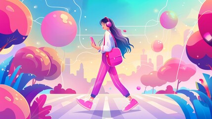 Walking woman with phone in park landing page, young girl using smartphone, listening to music with headphones and reading messages via wifi, gadget network cartoon modern web banner.