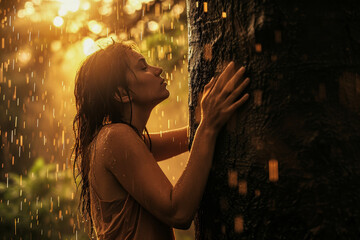 Sensual woman hugging tree under the rain