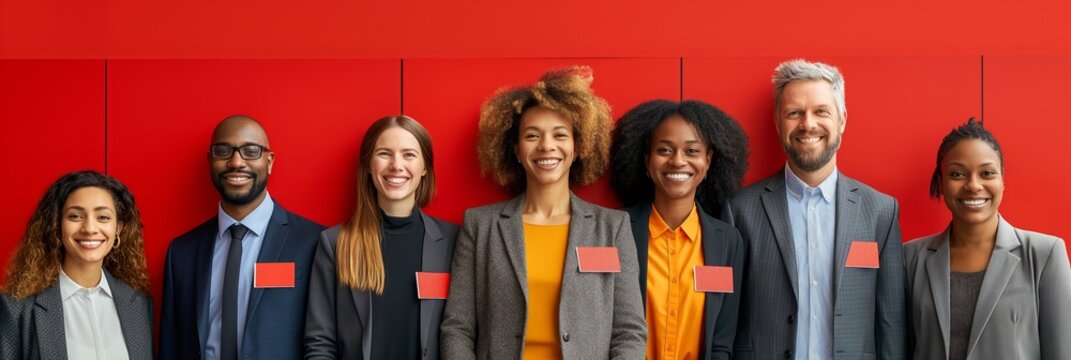 Diverse team with blank name tags standing against a red background. Ideal for concepts of unity in diversity, suitable for corporate and social campaigns