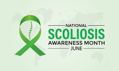 Vector illustration on the theme of National Scoliosis awareness month observed each year in June. Green ribbon with human body design illustration. Banner poster, flyer and background design.

