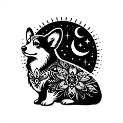 dog, Corgi silhouette in bohemian, boho, nature illustration