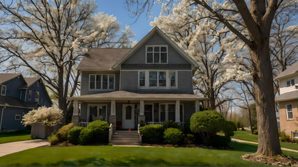 Obraz premium Stunning Spring in Michigan With Beautiful Michigan Style House and Beautiful View. 