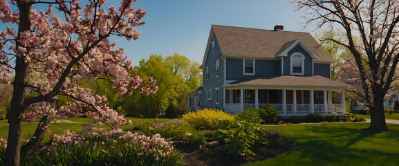 Stunning Spring in Michigan With Beautiful Michigan Style House and Beautiful View. 